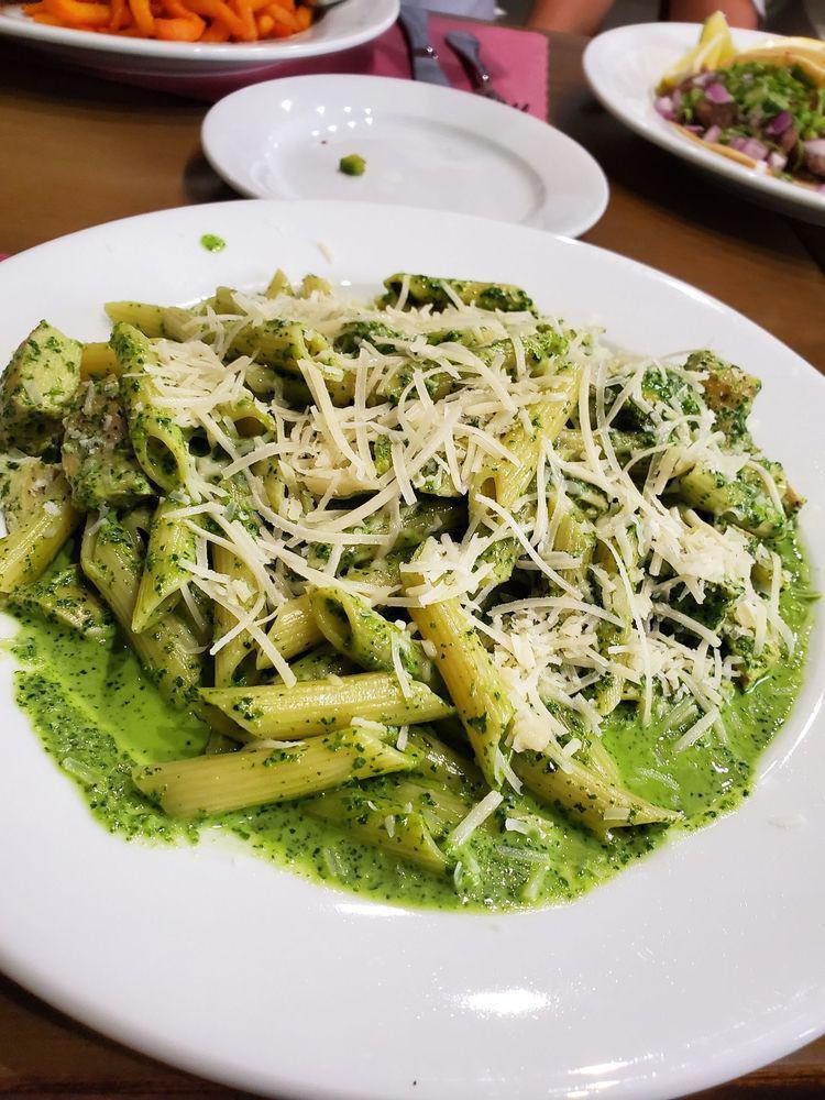 Pesto Pasta · Fresh mozzarella cheese and your choice of pasta in a light cream sauce. Choose between penne pasta or spaghetti. 