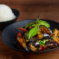 Eggplant · Choice of meat, eggplant, basil, garlic, bell peppers and oyster sauce.