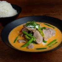 Panang Curry · Choice of meat, green beans, bell pepper, peanut, curry paste, coconut milk and kaffir lime ...