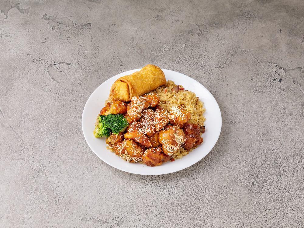 C19. Sesame Chicken Combination Plate · White meat. Hot and spicy.