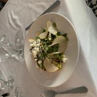 Pear Salad  · Asian Pear, baby arugula, Italian Frisee candied walnuts, dried cranberries, crumble goat ch...