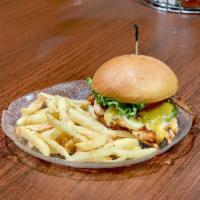 Peter's Spicy Chicken Sandwich · Grilled chicken breast with lettuce, tomato, bacon, jalapeños, cheddar cheese and BBQ sauce ...