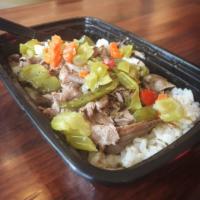 Juicy Beef Rice Bowl · Hank's Juicy Beef layered on a soft bed of white rice with your choice of toppings.  Gluten-...