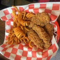 Chicken Fingers · Crispy all white meat chicken tenders (Curly fries, optional as a side) with your choice of ...