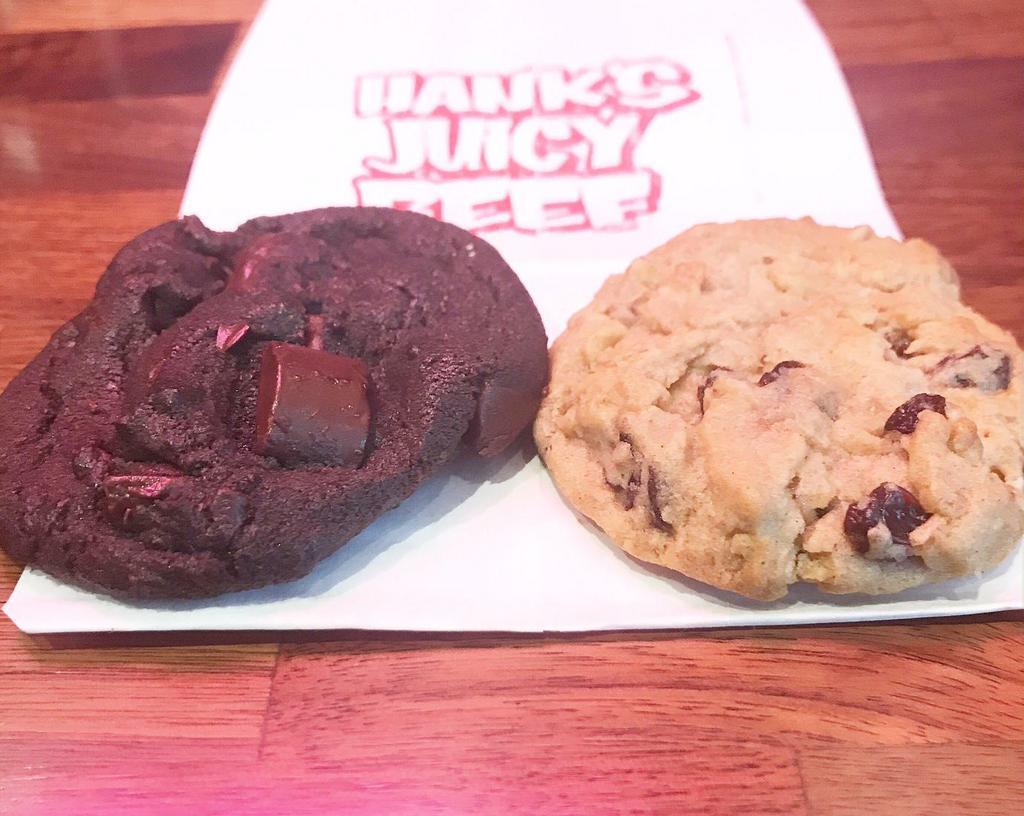 Freshly-baked Cookies (2) · 2 x Freshly-baked Chocolate Chip, Chocolate Chocolate Chunk or Oatmeal Raisin cookies
