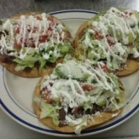 Tostadas con Carne · Fried tortilla with choice of meat, refried beans, lettuce, tomato, avocado, sour cream, and...