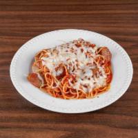 Spaghetti, Meatballs and Red Sauce · Spaghetti, meatballs, tomato sauce and cheese. Served with garlic bread.