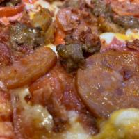 Meat Extravaganza Pizza · Canadian style bacon, salami, pepperoni, linguica, seasoned ground beef, Italian sausage and...