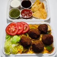 Falafel Platter · Served with falafel, rice, and fresh lettuce. Along with your choice of toppings and sauce.