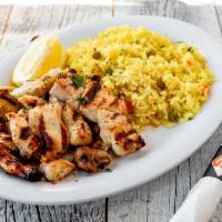 Chicken Souvlaki Platter · All natural, marinated and cooked to perfection on char-broiler or rotisserie. Served with c...