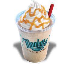 Caramel MooLatte Frozen Blended Coffee · Coffee and caramel blended with creamy Dairy Queen vanilla soft serve and ice, and garnished with whipped topping and caramel drizzle.
