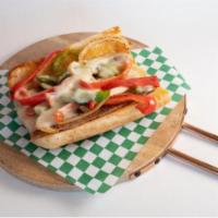 Philly Cheesesteak Sandwich · Beef with grilled red and green peppers, cheese on a fresh baguette.
