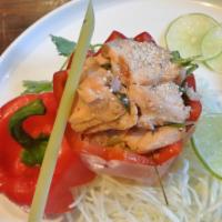 Yum Pla Salmon Salad · Grilled med rare dice salmon with lemongrass, red onion, bell pepper lime leaf, roasted rice...
