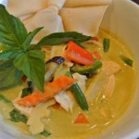 Green Curry · Green curry paste with bamboo shoot, zucchini, carrot, bell pepper string beans, eggplant an...