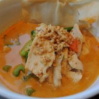 Peanut Curry · Peanut curry paste with ground peanut, broccoli, carrot and bell pepper in coconut milk. Med...