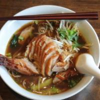 Duck Noodle Soup · Thin rice noodle with quarter roasted duck, Chinese broccoli, bean sprout, scallion and garl...
