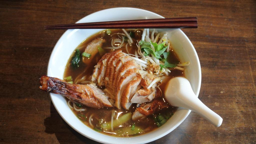 Duck Noodle Soup · Thin rice noodle with quarter roasted duck, Chinese broccoli, bean sprout, scallion and garlic in duck broth.