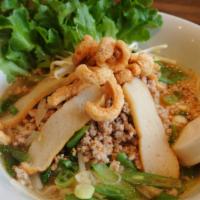 Sukothai Noodle Soup · Thin rice noodle with ground pork, fish cake, bean sprout, garlic, ground peanut, lime, chil...