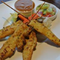 4 Chicken Satay  · Grilled marinated chicken tender on skewers with peanut sauce and cucumber vinaigrette dip.