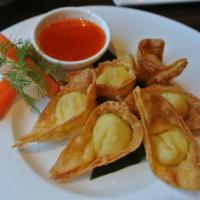 6 Crab Rangoon · Fried wonton skin wrapped with crabstick, cream cheese, celery and scallion.