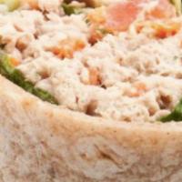 Tuna Salad Wrap · Tuna salad (made with mayonnaise, red onion, celery, pickles and spices), Romaine lettuce an...
