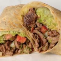 Beef Burrito · Seasoned ground beef filled with black beans, rice, shredded cheese, and on the side: sour c...