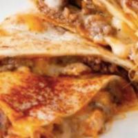 Cheesy Ground Beef Quesadilla · Seasoned ground beef, smothered in cheddar cheese and house salsa and sour cream on the side.