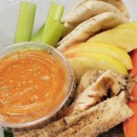 Grilled Chicken and Hummus Snack Bowl · Antibiotic free grilled chicken, carrots, celery, apples, hummus with Artisan crackers.
