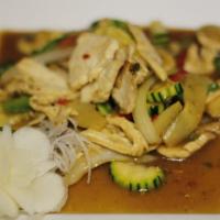 Holy Basil Stir Fried · Classic Stir fry with fresh Thai basil, onions, bell peppers, mushrooms, zucchini & bamboo.