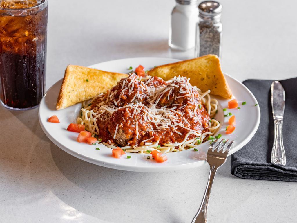 Spaghetti and  Meatballs · A hearty serving of spaghetti in homemade marinara sauce with 2 large Italian meatballs, topped with shredded Parmesan cheese. Served with Texas garlic toast. Add meatball for an additional charge.  