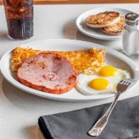 Ham and  Eggs · 2  eggs cooked any style. Served with toast and hash browns.