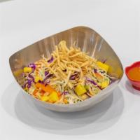Asian Chicken Salad · Mixed greens, pulled slow-roasted chicken, peanuts, carrot cabbage slaw, pineapple, Thai pea...