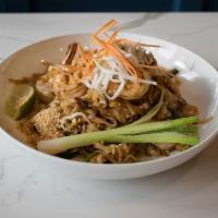 Pad Thai Bowl · Stir fried fresh rice noodles with beansprouts, egg, scallion, crushed peanut and your choic...