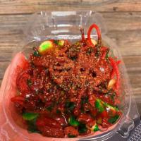 Manzana Loca · Fresh cut apple slices covered with  Red & Green Chamoy, Lucas Chili Powder and topped with ...