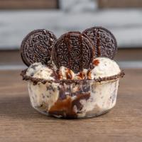 Oreo Blitz · Cookies and cream ice cream with a chocolate drizzle, topped with whole Oreo cookies, a choc...