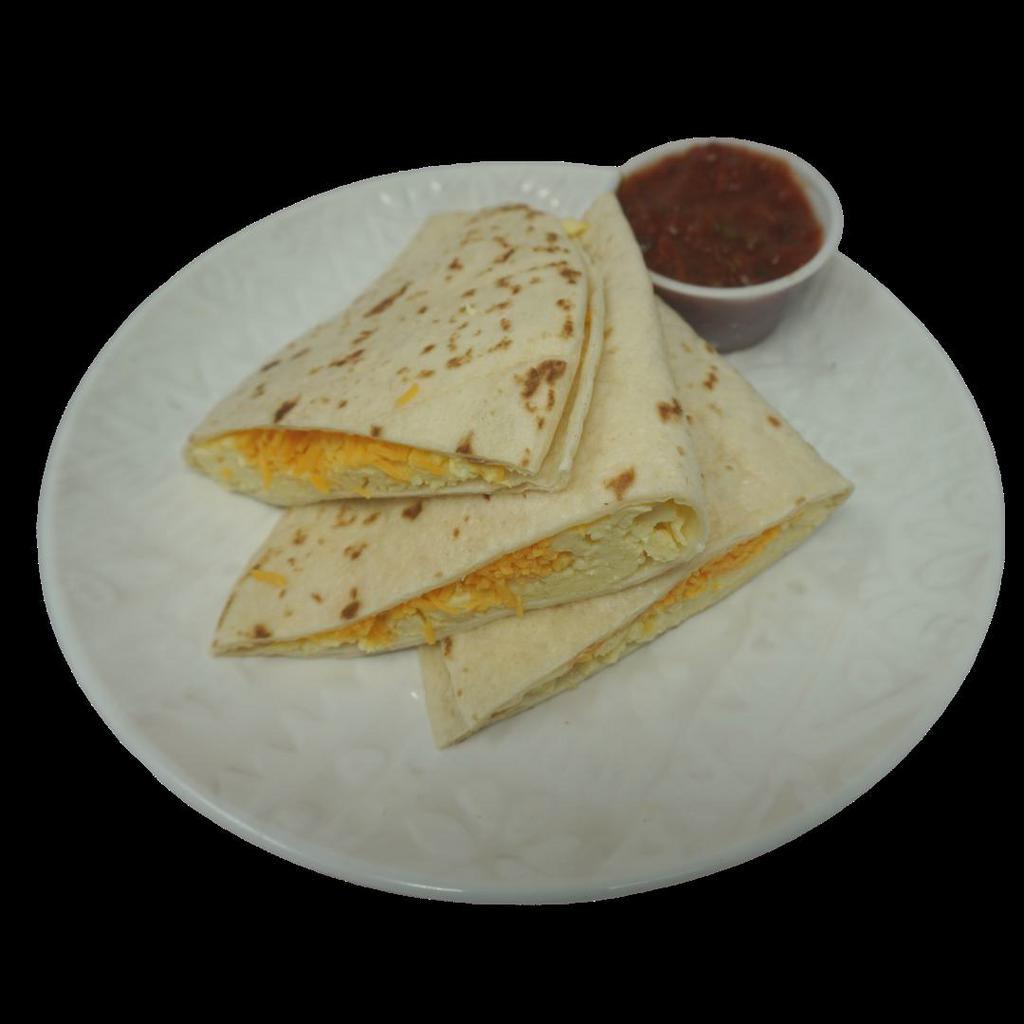 Egg & Cheese Quesadilla · Cage-free scrambled eggs with a touch of cheddar cheese in a flour tortilla with a side of our homemade salsa.