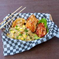Sample Platter ·  1 pork egg roll, 2 chicken potstickers, 2 shrimp patties, 1 fried rice balls stuffed with s...