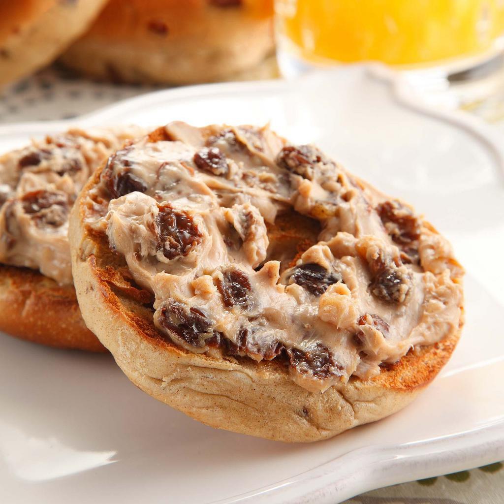 Grilled Bagel with Raisin Walnut Cream Cheese  · This is a classic bagel shmear (schmear) with cream cheese, cinnamon, raison and walnuts that tastes amazing on a freshly toasted bagel!
