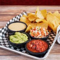 Chips · Get 'em with pico, guacamole or queso sauce.