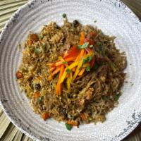 Pork Fried Rice Bowl · Coconut Rice, Pigeon Peas, Carrots, Onions, Egg, Pulled Pork