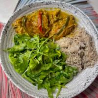 Chicken Curry · Curried Chicken Thighs, Red and Green Peppers, Coconut Rice n Peas, Arugula Salad
