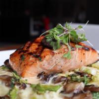 Atlantic Salmon · roasted brussels sprouts, mushrooms, mashed potatoes, lemon butter sauce