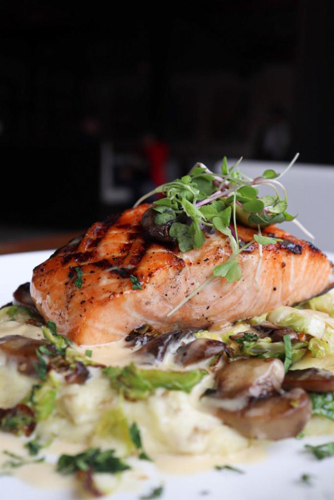 Atlantic Salmon · roasted brussels sprouts, mushrooms, mashed potatoes, lemon butter sauce