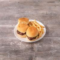 Burger Sliders (3 pieces) · Three bite sized burger sliders, served with french fries. With choice of toppings.