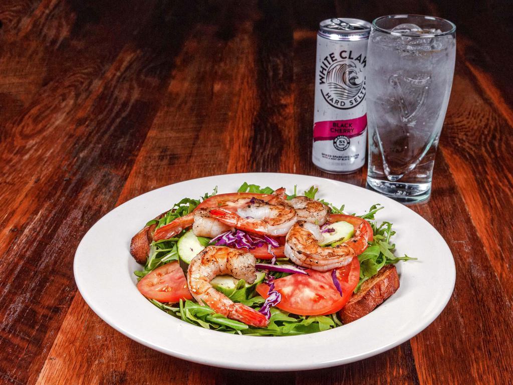 Grilled Shrimp House Salad · 5 jumbo shrimp, char-grilled or Cajun style over house salad with homemade seasoned croutons.