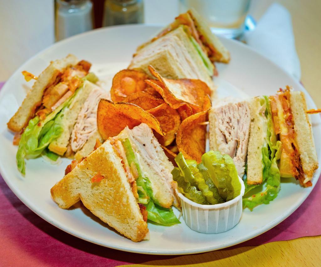 Fresh Turkey Club Sandwich · Triple-decker choice of toast sandwich with fresh turkey, bacon, lettuce, tomato and mayo. Served with homemade potato chips.