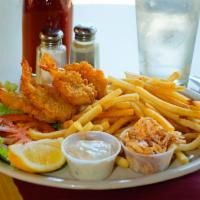 Fried Shrimp Plate · Deep fried golden brown, served with tartar or cocktail sauce, lettuce, tomato, coleslaw and...