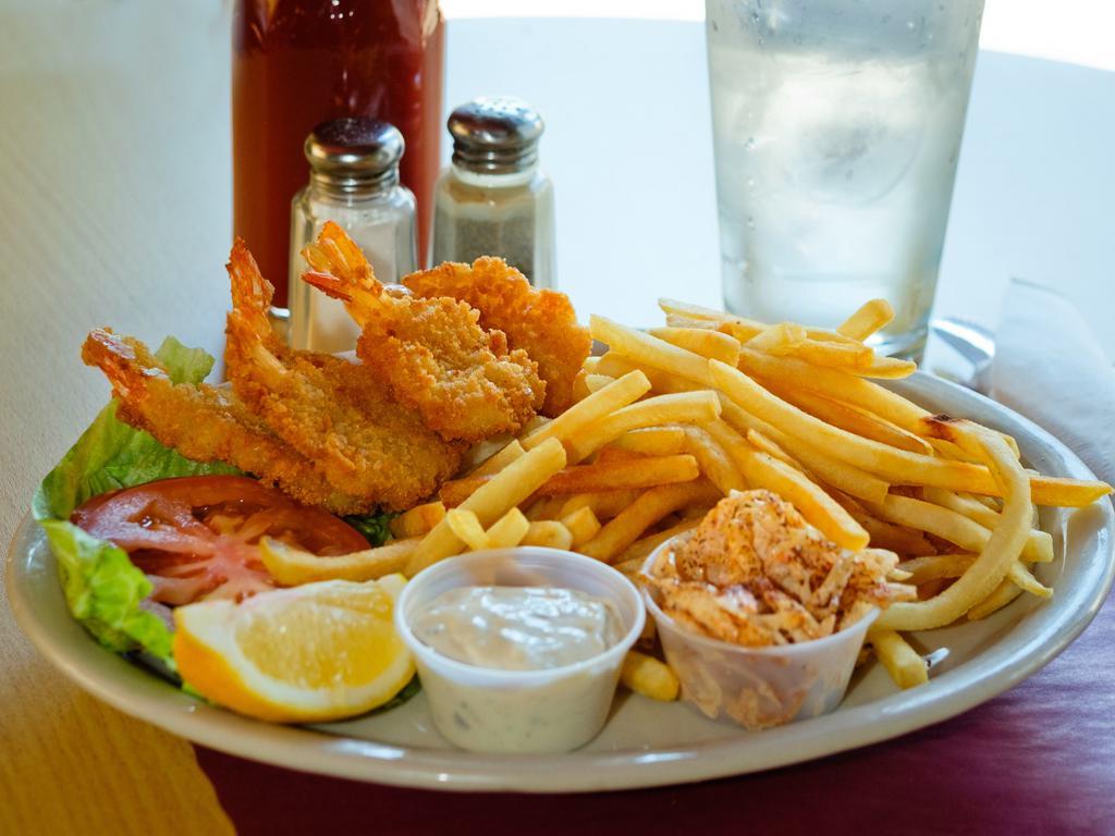 Fried Shrimp Plate · Deep fried golden brown, served with tartar or cocktail sauce, lettuce, tomato, coleslaw and fries.
