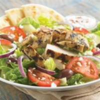 Greek Salad  · Crisp romaine, tomatoes, cucumbers, onions, green peppers, feta, Kalamata olives, and pepper...