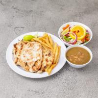 Churasco de Pollo-Grilled chicken breast · Served with two sides.